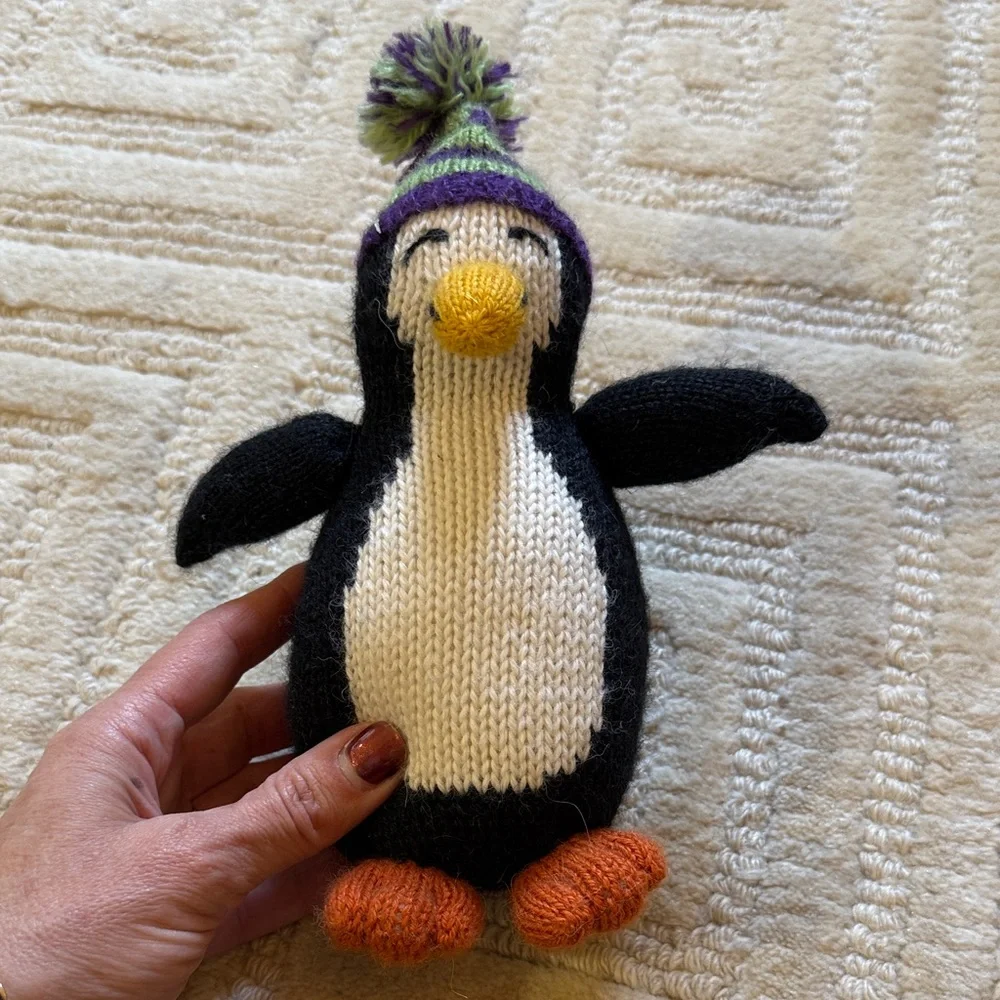 Knitted Penguin Bird Toy - Black, White, Orange